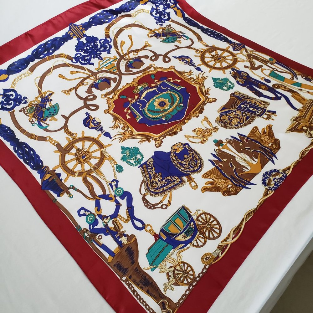 Vintage 1990s Shilla Scarf-34x34-Great Print-Carriage-Crest-Ships Wheel